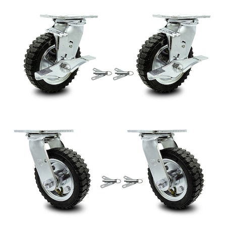 Service Caster 6 Inch Black Pneumatic Wheel Caster Swivel with Swivel Locks 2 with Brakes, 4PK SCC-100S150-PNB-TLB-BSL-2-BSL-2